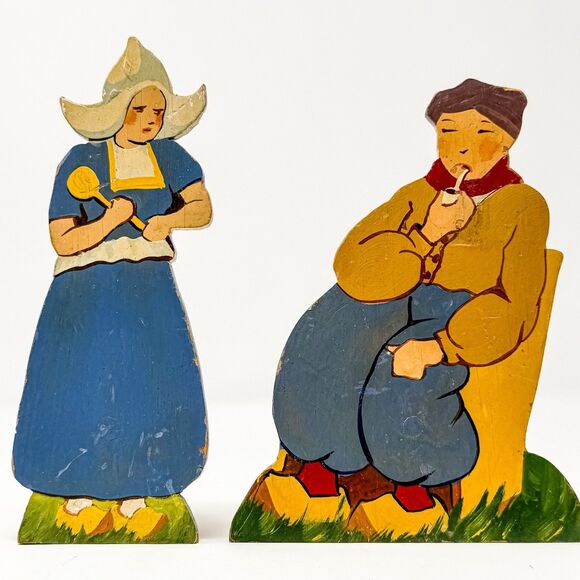 Unbranded Other - Vintage Hand Painted Dutch Folk Art Wooden Shelf Sitters Holland Couple Set